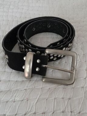 Studded Black Leather Womens Belt with Silver Buckle